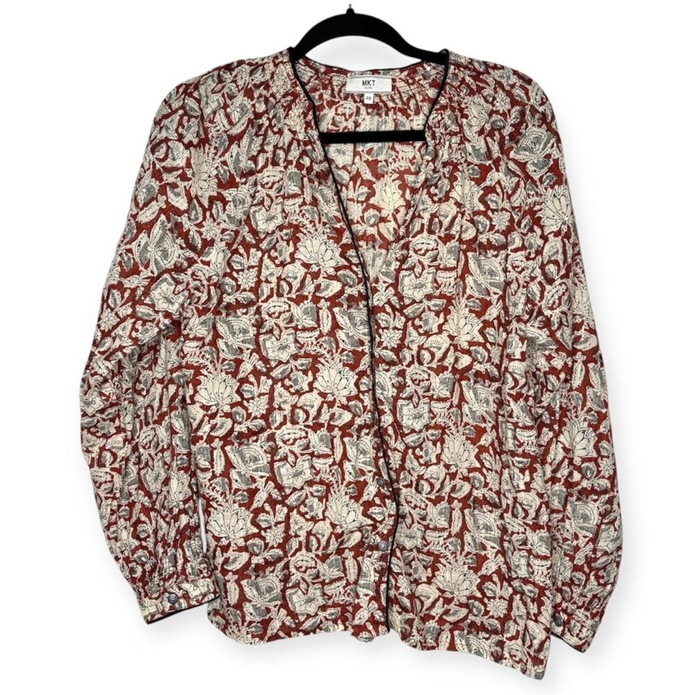 MKT studio Floral Long Sleeve Blouse autumn hues 100% cotton womens sz 40 large
